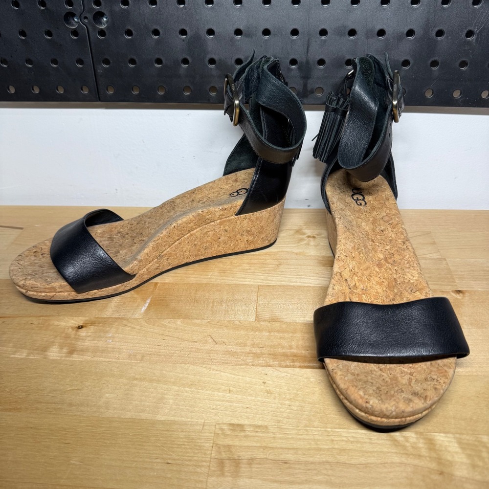 UGG Black Leather Tassel Ankle Strap Cork Wedge Sandals 1019973 Womens 8.5
